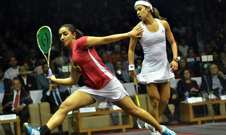 Raneem El Welily and Nicol David at World Squash Champions final in Cairo, 2014